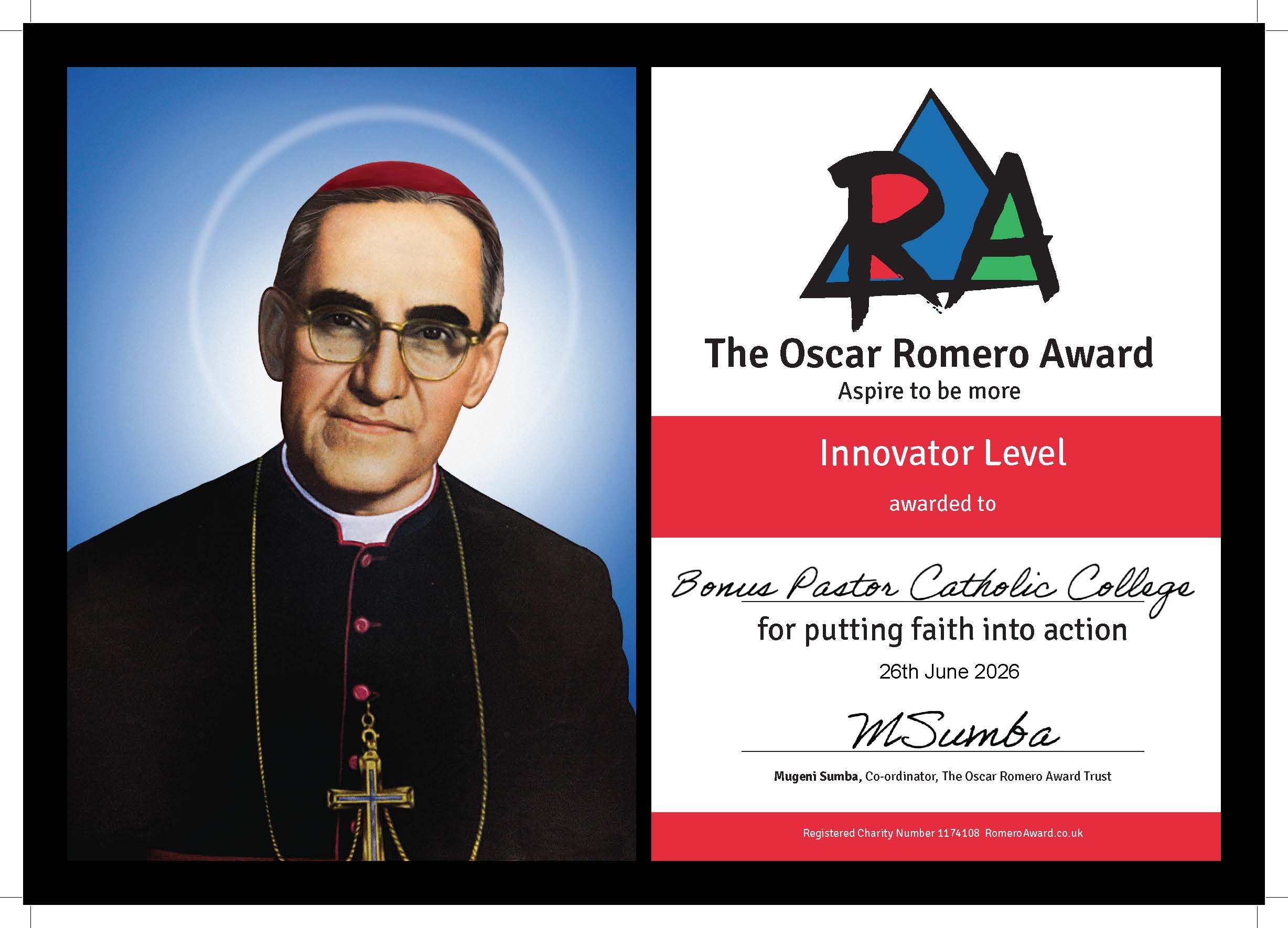 Bonus pastor catholic college oscar romero award certifcates innovator level